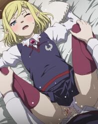 1boy 1girl alicia_glenfall bed_sheet blonde_hair blush censored clevatess:_majuu_no_ou_to_akago_to_shikabane_no_yuusha clothed_sex clothing_aside commentary_request defloration hetero long_sleeves missionary mosaic_censoring one_eye_closed open_mouth panties panties_aside penis pillow pointy_ears short_hair solo_focus tomu_(tomubobu) underwear vaginal white_panties