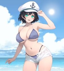 1girl 1girls armpits arms_up ass ass_visible_through_thighs bare_shoulders beach beach_background belly belly_button big_breasts bikini bikini_bottom bikini_top black_hair blue_eyes blush breasts butt cleavage cloud contrapposto hat hi_res high_resolution highleg highleg_bikini highleg_panties highleg_swimsuit highres hips hips_wider_than_shoulders large_breasts light_blush long_eyelashes looking_at_viewer minamitsu_murasa navel sailor_hat sea seaside short_hair short_shorts shorts skindentation sky smile smile_at_viewer smiling solo solo_female solo_focus stomach striped_bikini striped_bra striped_panties stripes sugar_you sunset swimsuit swimwear thick_thighs thighs touhou wide_hips wide_thighs