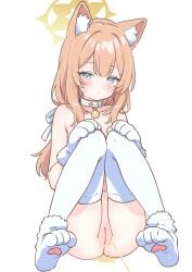 1girl absurdres animal_collar animal_costume animal_ear_fluff animal_ears animal_hands blue_archive blue_eyes blush breasts cat_ears cat_girl cat_paws closed_mouth collar commentary covering_breasts covering_privates fake_claws halo highres long_hair looking_at_viewer mari_(blue_archive) mo_mo_mo79 navel orange_hair pee peeing pussy simple_background sitting solo sweatdrop thighhighs topless_female white_background white_thighhighs yellow_halo