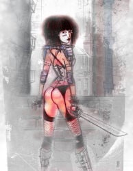 1girls 2007 ass big_ass daredevil_(series) female garter_belt garter_straps marvel marvel_comics red_hair solo sword typhoid_mary williamsquid