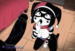 1girl ai_assisted ai_generated bedroom black_lipstick chuchu domino_mask gasping hand_to_mouth jester_cap kneeling_on_floor large_penis looking_at_penis looking_up_at_penis medium_breasts night penis_awe surprised viewed_from_above white_facepaint white_gloves wooden_floor