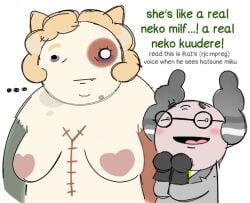 black_gloves blonde_hair cat_ears clothing dr._beanies_(mewgenics) female glasses gray_hair green_tie grey_coat heart-shaped_nipple_covers larger_female male mewgenics mom_(the_binding_of_isaac) naked_female scientist stiches text the_binding_of_isaac