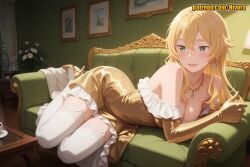 1girl ahoge ai_generated alternate_costume bare_shoulders blonde_hair blush breasts cleavage coffee coffee_mug collarbone couch cup curtains drawing_(object) dress earrings elbow_gloves flower frederica_baumann frilled_dress frills full_body garter_straps gem gloves gold_footwear green_eyes green_gemstone hair_between_eyes hair_down high_heels indoors jewelry lamp large_breasts latex latex_gloves light_particles long_hair looking_at_viewer looking_to_the_side lying medium_breasts necklace nivora off-shoulder_dress off_shoulder on_couch on_side open_mouth painting_(object) patreon pearl_necklace picture_frame plant potted_plant re:zero_kara_hajimeru_isekai_seikatsu saucer sharp_teeth sidelocks smile solo sunlight table teacup teeth thighhighs thighs upper_teeth_only vase white_thighhighs window yellow_footwear