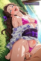 1girl ahegao ai_assisted ai_generated arched_back aroused black_hair blue_eyes blurred_background blushing brown_hair cowboy_shot cross_eyed cum_on_face cumming daytime deep_penetration dramatic_lighting drool dutch_angle eye_roll eyeroll flirty grimace horny lake legs_up line_art
