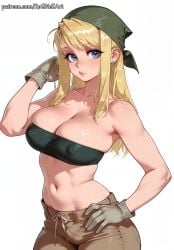1girl 2026 ai_generated anime bandana bandeau bangs bare_shoulders blonde_hair blue_eyes blush boobs breasts brown_pants cleavage collarbone covered_nipples crossover earrings eye_contact female female_focus flushed fullmetal_alchemist fullmetal_alchemist_brotherhood gloves hand_on_hip handwear highres huge_breasts jewelry large_breasts long_hair looking_at_viewer midriff navel nsfw pants patreon patreon_username rognezart simple_background solo strapless sweat sweaty tube_top very_long_hair white_background winry_rockbell