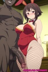 1boy ai_generated astrawaifu big_breasts big_penis brown_hair bunny_ears bunny_girl curvy curvy_body curvy_female curvy_figure curvy_hips dark-skinned_male huge_cock interracial kono_subarashii_sekai_ni_shukufuku_wo! large_breasts large_penis looking_at_viewer megumin muscular_male pale-skinned_female red_eyes thick_hips thick_thighs