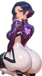 1girl ai_generated artist_name ass black_hair blizzard_entertainment blue_hair bodysuit breasts d.mon from_behind huge_ass large_breasts lips looking_at_viewer looking_back makeup multicolored_hair overwatch overwatch_2 overwatch_league patreon purple_bodysuit purple_eyes purple_hair seiza senpai_pixels sensitive short_hair simple_background sitting skin_tight smile solo white_background