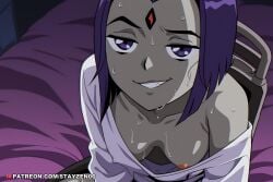 1girl ai ai_art ai_generated anime_coloring breasts collarbone colored_skin covered_nipples downblouse forehead_jewel from_above grey_skin grin indoors looking_at_viewer medium_breasts nipple_slip nipples no_bra off_shoulder on_bed one_breast_out purple_eyes purple_hair raven_(dc) shirt short_hair sitting small_breasts smile solo sweat teen_titans teeth white_shirt