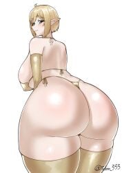 1girl ass bikini blonde_hair blue_eyes blush bob_cut breasts butt_crack elbow_gloves elf from_behind gloves gluteal_fold gold_bikini gold_gloves gold_thighhighs huge_ass large_breasts lips looking_back original pointy_ears short_hair side-tie_bikini_bottom solo standing swimsuit tebingo thick_thighs thighhighs thighs thong thong_bikini twitter_username white_background wide_hips