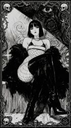 artist_request bikini_top boots breasts crossed_legs fishnets goth goth_girl gothic greyscale high_heel_boots high_heels legs_crossed necklace open_clothes original original_character short_hair sitting slim_waist small_breasts tagme tagme_(artist) thick_thighs topwear wide_hips