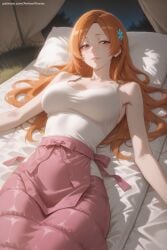 1girl ai_generated artist_name bangs bare_shoulders bleach breasts brown_eyes closed_mouth collarbone hair_ornament hi_res high_quality high_resolution inoue_orihime large_breasts lips long_hair looking_at_viewer lying on_back orange_hair patreon pillow seductive sexy sleeveless smile solo uncensored watermark web_address