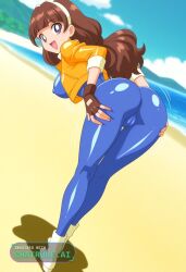 1990s 1girl ai_assisted ai_generated anime_screencap back_view beach big_breasts blue_bodysuit bodysuit bouncing_breasts brown_hair building camel_toe cropped_jacket curvy dutch_angle dynamic_angle erect_nipples fingerless_gloves full_body gloves grabbing_butt hairband happy hip_focus jacket looking_at_viewer looking_back looking_behind low_twintails motion_lines open_mouth purple_eyes shiny_skin smile spanking_butt standing toned_body