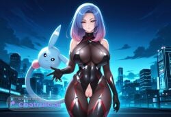 1girl ai_assisted ai_generated armor bare_shoulders black_bodysuit black_sclera city cityscape clouds cowboy_shot crotchless curvy dark_theme detailed_pussy dynamic_lighting elbow_gloves fishnets gloves glow gradient_hair hatterene high_contrast kagami_hirotaka koukawa_oboro looking_at_viewer neon_lights night night_sky no_humans outdoors prehensile_hair soft_shading taimanin_asagi_zero taimanin_suit thigh_gap visible_pussy