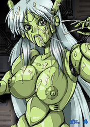 android big_breasts black_magic_m-66 body_writing cum cum_drip cum_in_hair cum_on_breasts cum_on_face f6402 grey_hair gynoid looking_at_viewer machine metallic_body robot silver_eyes very_long_hair