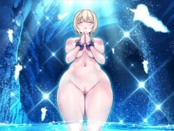 1girl ass_visible_through_thighs blonde_hair blush breasts charlotte_(v-mag) closed_eyes commentary_request facing_viewer huge_breasts mole mole_under_eye navel nipples nude original praying pussy solo standing thick_thighs thigh_gap thighs v-mag wading wide_hips