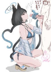 1977_oj3 1boy 1girl absurdres animal_ears bikini black_eyes black_nails black_tail blue_archive blue_bikini blue_halo blue_haori blue_tail breasts cat_ears cat_girl cat_tail censored clothed_female_nude_male colored_inner_animal_ears commentary_request criss-cross_straps doodle_sensei_(blue_archive) full_body grabbing_another's_penis gradient_tail halo handjob haori hetero highres japanese_clothes kikyou_(blue_archive) kikyou_(swimsuit)_(blue_archive) layered_bikini mosaic_censoring multi-strapped_bikini_bottom multi-strapped_bikini_top multiple_tails nude platform_sandals precum sandals sensei_(blue_archive) solo_focus squatting swimsuit tail tailjob two_tails white_background