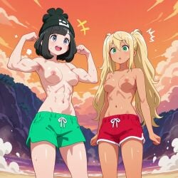 2026 2girls abs ai_generated bangs beach beanie black_hair blonde_hair breasts closed_mouth cloud cowboy_shot dark-skinned_female dark_skin day dumbbell_nan_kilo_moteru? female female_only flexing green_eyes green_shorts grey_eyes gyaru hair_between_eyes happy hat hi_res highres human medium_breasts medium_hair mountain muscular muscular_female navel nintendo nipples ocean outdoors pokemon pokemon_sm red_shorts sakura_hibiki sand sea selene_(pokemon) shorts sky solo standing summer sunset surprised toned toned_female topless topless_female twintails very_long_hair water yuri