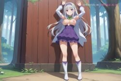 1girl absurd_res ai_assisted ai_generated anime_coloring anime_screencap black_clothing black_leggings blunt devious_grin first_person_perspective forest full_body green_bow grey_hair hair_flower hairband hands_above_head hard_nipples hood_up knee_boots large_breasts long_hair long_sleeves looking_at_viewer lustful outdoors perfect_ass pointy_ears posing_for_viewer purple_dress purple_eyes rezero seductive smile solo source_anime standing tight_clothing very_long_hair waving white_capelet white_footwear white_socks