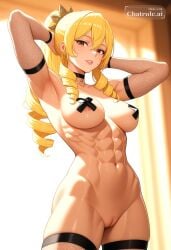 1girl adjusting_hair ai_assisted ai_generated blonde_hair bottomless brown_eyes choker cinematic_lighting cute depth_of_field devious drill_hair hair_between_eyes hair_ornament hands_behind_head happy high_quality hourglass_figure lipstick long_hair looking_at_viewer medium_breasts muscle_definition parted_lips perfect_breasts ponytail proud seductive seductive_look sexy sultry tall toned voluptuous