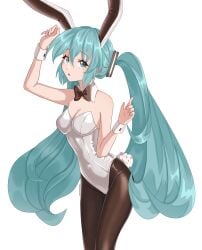 1girls bow fake_animal_ears female female_only hatsune_miku long_hair looking_at_viewer miku_hatsune open_mouth orexovayapasta_(artist) simple_background stockings