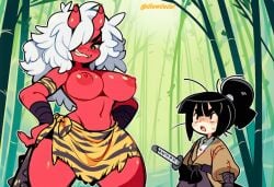 1boy 1girls ai_assisted ai_generated dlewdedai femboy imminent_sex japanese_mythology oni oni_female oni_horns red_skin red_skinned_female samurai size_difference taller_female