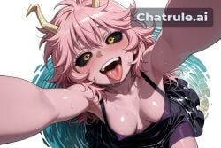 1girl ahegao_face ai_assisted ai_generated arm_support arms_up ashido_mina bare_shoulders black_dress black_sclera collarbone colored_sclera colored_skin cowboy_shot detailed_face high_angle horns huge_eyes incoming_hug lake large_breasts long_hair looking_at_viewer mina_ashido my_hero_academia naked on_back petite_breasts pink_hair pink_skin reaching reaching_towards_viewer river simple_background sleeveless small_breasts solo transparent_background visible_breasts visible_nipples water waterfall white_background yellow_eyes