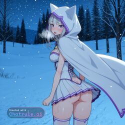 1_girl 1girl ai_assisted ai_generated anime_screencap attractive_woman bangs blue_pupils butt_crack cat_hood clean_lineart desert exausted from_behind gluteal_fold grey_hair hood_up hooded_cloak narrow_waist nude oiled_body open_mouth petite purple_eyes pussy_juice_leaking round_ass sexually_suggestive skindentation slit_pupils solo standing surprised sweat_body tan_skin thick_thighs tight_clothes tongue_out wet_body wet_face wet_hair white_dress wide_hips