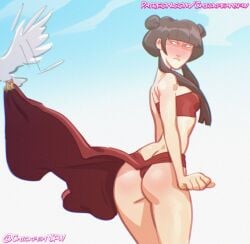 1girls 2025 avatar_the_last_airbender beachwear bird blue_background chickpea digital_drawing_(artwork) embarrassed_female exposed_ass female female_focus female_only goth goth_girl gothic gradient_background limited_palette looking_back mai_(avatar) nickelodeon simple_background solo solo_female solo_focus swimsuit