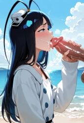 1boy ai_generated bleach bleach:_the_thousand-year_blood_war blue_eyes blue_hair dildo fellatio femboy giselle_gewelle oral otoko_no_ko penis sex_toy solo_focus trap