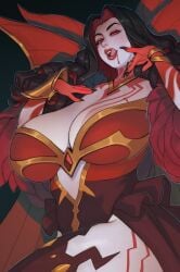 1girls afk_(series) afk_arena big_breasts black_hair blood_from_mouth body_markings clothing curly_hair djcomps dracula eyelashes female female_only fizzz hi_res huge_breasts licking_lips long_hair looking_at_viewer mole mole_under_eye narrowed_eyes pale-skinned_female pale_skin red_eyes red_hair red_lipstick red_markings sharp_fingernails solo two-tone_hair vampire vampire_girl