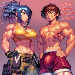 1boy 1girls abs ai_generated baki_hanma baki_the_grappler bare_arms bare_legs bare_shoulders bare_thighs big_breasts blue_hair brown_hair color english_text female gigiti hi_res king_of_fighters large_breasts leona_heidern light-skinned_female light_skin long_hair looking_at_another male/female muscles muscular muscular_arms muscular_female muscular_legs muscular_male sega sexy sexy_body sexy_female snk text thick_thighs trogiai