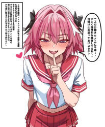 1boy 2girls absurdres astolfo_(fate) astolfo_(sailor_paladin)_(fate) bear_boss blush bow braid braided_ponytail commentary_request crop_top fate/grand_order fate_(series) hair_bow hair_intakes highres index_finger_raised long_hair looking_at_viewer midriff multicolored_hair multiple_girls navel neckerchief open_mouth pink_hair pleated_skirt purple_eyes red_sailor_collar red_skirt sailor_collar school_uniform serafuku shirt short_sleeves simple_background skirt smile solo speech_bubble streaked_hair translation_request white_background white_hair white_shirt