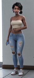 3d black_hair blender_(software) brown_hair clementine_(the_walking_dead) curvy curvy_figure dark-skinned_female dark_skin gym gym_uniform japanese_clothing large_ass light-skinned_female light_skin medium_breasts nipples nipples_visible_through_clothing petite red_l shirt short_hair shorts sneakers socks sports_uniform t-shirt the_walking_dead the_walking_dead_game thick_thighs thighs tied_hair video_game_character
