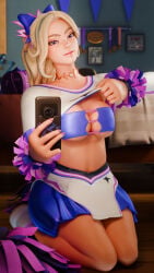 1girls 3d 3d_(artwork) bandeau big_breasts blonde_female blonde_hair cheerleader cheerleader_outfit cheerleader_uniform crop_top fortnite fortnite:_battle_royale haylee_skye_(fortnite) miniskirt pulling_own_clothes pulling_shirt_up selfie solo solo_female taking_clothes_off