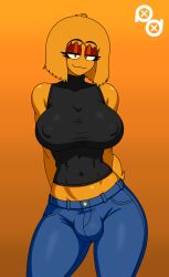 1futa artist_logo black_shirt blue_pants bulge futa_only futanari hands_behind jeans nipple_bulge orange_fur puffle puffledreemurr sleeveless_shirt turtleneck_shirt