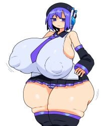 1girl bare_shoulders beret black_hat black_skirt black_thighhighs closed_mouth collared_shirt covered_nipples detached_sleeves expressionless gigantic_breasts grey_shirt hat headphones jitome looking_at_viewer motion_lines negitoro_(ntlrjqsolnlijmr) pleated_skirt purple_eyes purple_hair purple_necktie short_hair simple_background skindentation solo thick_thighs utane_uta utau white_background