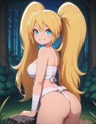 1girl 1girls 2026 ai_generated ass bandage bandaged_arm blonde_hair blue_eyes breasts bush cowboy_shot female female_only forest from_behind fundoshi genderswap genderswap_(mtf) grass happy hi_res highres human looking_at_viewer medium_breasts naruko naruto_(classic) naruto_(series) night outdoors panties rock rule_63 sarashi sky smile solo standing starry_sky tree twintails uzumaki_naruto very_long_hair whisker_markings whiskers white_panties