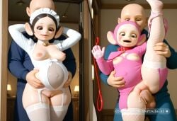1girl ai_assisted ai_generated bald_male bedroom_background bell_collar big_ass big_ears blushing caucasian_male choker chubby_female clothed_male creampie curvy_female cute dramatic_lighting drooling endured_face fishnet_stockings fucked_silly full_nelson hairy_pussy hands_behind_head headless_male heavy_makeup holding_belly impregnation incredibly_absurdres large_eyes leash leg_up maid male_out_of_frame soft teletubbies