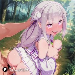 1girls ai_generated artist:yuumiai ass blush cum cum_in_pussy cum_inside elf elf_ears emilia_(re:zero) female from_behind from_behind_position hair_pull looking_at_viewer medium_breasts open_mouth outdoor_sex outdoors patreon penis pov public_sex purple_eyes re:zero_kara_hajimeru_isekai_seikatsu sex silver_hair sweat tongue_out uncensored vaginal vaginal_penetration vaginal_sex