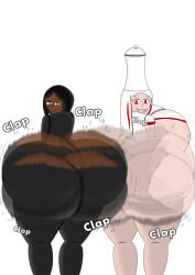1boy 1girls alternate_version_at_source alternate_version_available big_ass big_butt black_hair black_jacket black_pants brown_eyes bubble_ass bubble_butt bumping bumping_asses butt butt_bump butt_focus clapping_ass clapping_cheeks dark-skinned_femboy dark-skinned_male dark_skin duo excited female femboy happy huge_ass looking_back male male/female mlarkko_(kayjohn76alt) motion_blur motion_lines promoted_white_queen_(spamueljackson2020) smiling smug smug_expression smug_face smug_grin smug_smile twerk twerking white_armor white_fishnets white_hair white_skin