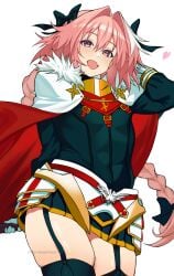 1boy arm_behind_back astolfo_(fate) black_bow black_garter_straps black_skirt blush bow braid buckle cape commentary cowboy_shot crossdressing crossdressing_(mtf) fang fate/apocrypha fate/grand_order fate_(series) fur_trim garter_straps hair_bow hair_intakes harutoyumaarts highres holding holding_weapon light_blush long_hair long_sleeves looking_at_viewer male_focus multicolored_hair open_mouth pink_hair pleated_skirt purple_eyes red_cape shuriken single_braid skin_fang skindentation skirt smile solo streaked_hair thick_thighs thighhighs thighs trap very_long_braid weapon white_streaks