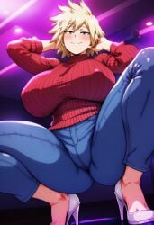 ai_generated arikea arms_behind_head big_ass big_breasts blue_pants blush blushing eyes_half_open high_heels indoors looking_at_viewer mitsuki_bakugou my_hero_academia nightclub red_shirt smile smiling spread_legs squatting thick_thighs viewed_from_below white_high_heels wide_hips