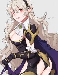 1girls armor artist_signature ass bare_thighs big_ass big_breasts black_hairband black_panties blouse blush breasts cape cleavage cleavage_cutout clothing_cutout commentary_request corrin_(female)_(nohr_noble)_(fire_emblem) corrin_(fire_emblem) corrin_(fire_emblem)_(female) eyelashes eyeliner female female_only fire_emblem fire_emblem_fates fire_emblem_heroes frills hair_between_eyes hair_ornament hairband highres inner_thighs large_breasts leotard lingerie long_hair looking_at_viewer makeup nintendo official_alternate_costume open_mouth panties pantyhose peach11_01 pointy_ears red_eyes shirt smile solo thighs torn_cape torn_clothes underwear very_long_hair white_hair