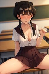 ai_generated airest avatar_the_last_airbender bangs black_hair black_skirt blush classroom desk double_bun embarrassed legs_apart mai_(avatar) medium_breasts no_bra no_bra_under_clothes open_mouth perky_breasts pleated_skirt school_desk school_uniform schoolgirl self_upload sitting spread_legs stable_diffusion suggestive suggestive_pose teenager twintails white_shirt yellow_eyes