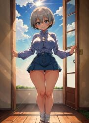 1girls ai_generated backlighting bad_perspective bare_legs big_eyes big_head blue_eyes blue_skirt buttoned_shirt clouds cute denim_skirt doorway female grey_hair hi_res indoors jean_skirt knees large_breasts leg_warmers legs long_sleeves loose_socks mabi_ai neoteny petite petite_body platinum_blonde_hair shiny_hair short_hair silver_hair skirt sky sky_background smiling socks solo sun sunlight thick_thighs thigh_gap thighs uzaki-chan_wa_asobitai! uzaki_hana white_hair white_shirt white_socks wooden_floor