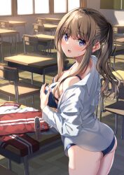 big_breasts bra chair classroom gym_uniform indoors table unasaka_ryou undressing