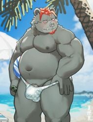 2023 anthro beach blush bulge clothing detailed_background genitals humanoid_hands kemono male mammal moobs musclegut natsuhakoura nipples outside overweight overweight_male penis seaside solo suid suina sus_(pig) swimwear water wild_boar