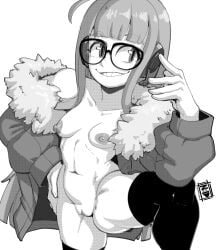 1girls areolae atlus black_and_white breasts coat coat_only exposed_breasts female female_focus female_only fur_trim glasses grin headphones long_hair monochrome mostly_nude nipples no_bra no_panties nudiedoodles partially_clothed perky_breasts persona persona_5 pussy sakura_futaba shaved_pussy small_breasts smug smug_face solo solo_female thick_thighs thighhighs wide_hips