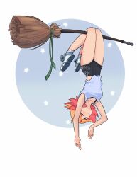 1girls archirai broom broom_riding female flying_broom hanging light_skin orange_hair shirt short_shorts shorts slim sneakers upside-down