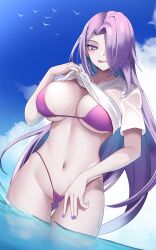 :p ass_visible_through_thighs bikini bikini_pull black_survival blue_sky blush breasts cleavage clothes_lift clothes_pull cloud commentary cowboy_shot day dutch_angle eternal_return:_black_survival female groin hair_between_eyes hair_over_one_eye highleg highleg_bikini highres large_breasts laura_(black_survival) lifted_by_self long_hair looking_at_viewer masaki_nanaya mole mole_under_eye navel outdoors purple_bikini purple_eyes purple_hair purple_nails shirt shirt_lift short_sleeves sidelocks sky smile solo standing stomach swimsuit t-shirt thigh_gap tongue tongue_out wading water wet wet_clothes wet_shirt white_shirt